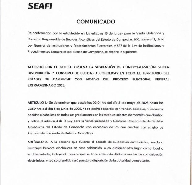 Ley seca en campeche para el 1 de junio