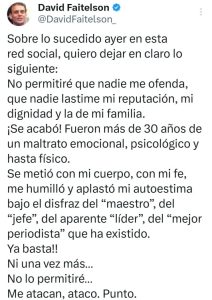 Twit de David Faitelson, dando, a conocer lo mal que la paso, trabajando bajo las órdenes de José Ramón Fernández.