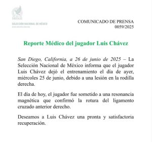 Este fue el comunicado de la Selección Mexicana, confirmando la lesión de Luis Chávez.