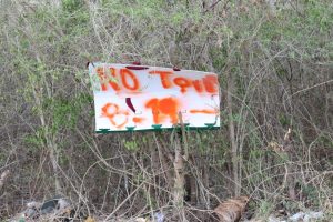Zona afectada por el desmonte y lotificación irregular en Cuxtal, donde se observan marcas, sogas y delimitaciones rústicas entre la vegetación.
