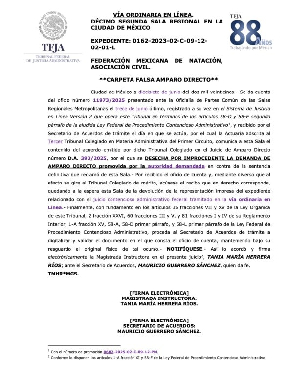 Revés judicial para la CONADE: se ratifica ilegalidad en retiro del RUD a Federación de Natación