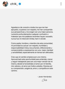 Este fue el comunicado que emitió en sus redes sociales, el Chicharito, tras su polémico video, sobre los roles de género.