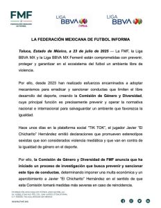 La FMF anunció que Chicharito recibirá sanción por sus declaraciones, como parte de su política contra la violencia mediática y de género.