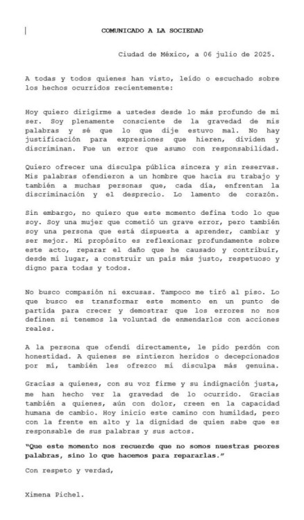 Qué dijo exactamente Ximena Pichel en su disculpa
