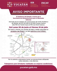 El tramo del Anillo Periférico de Mérida entre Tizimín y Chichí Suárez ya se encuentra en mantenimiento durante las noches.