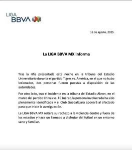 Este fue el comunicado por parte de la Liga Mx, en donde dan su postura de la violencia vivida este fin de semana, en los estadios de la Liga Mx.