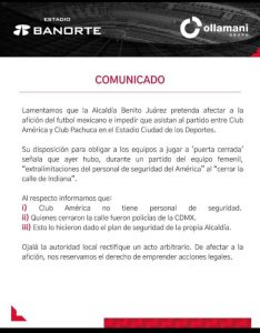 Comunicado de prensa del Estadio Banorte, respaldando al Club América.