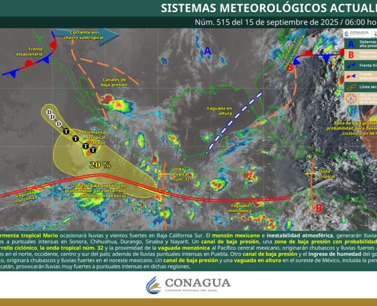 Tormenta tropical Mario y varios sistemas atmosféricos provocarán lluvias intensas en gran parte de México