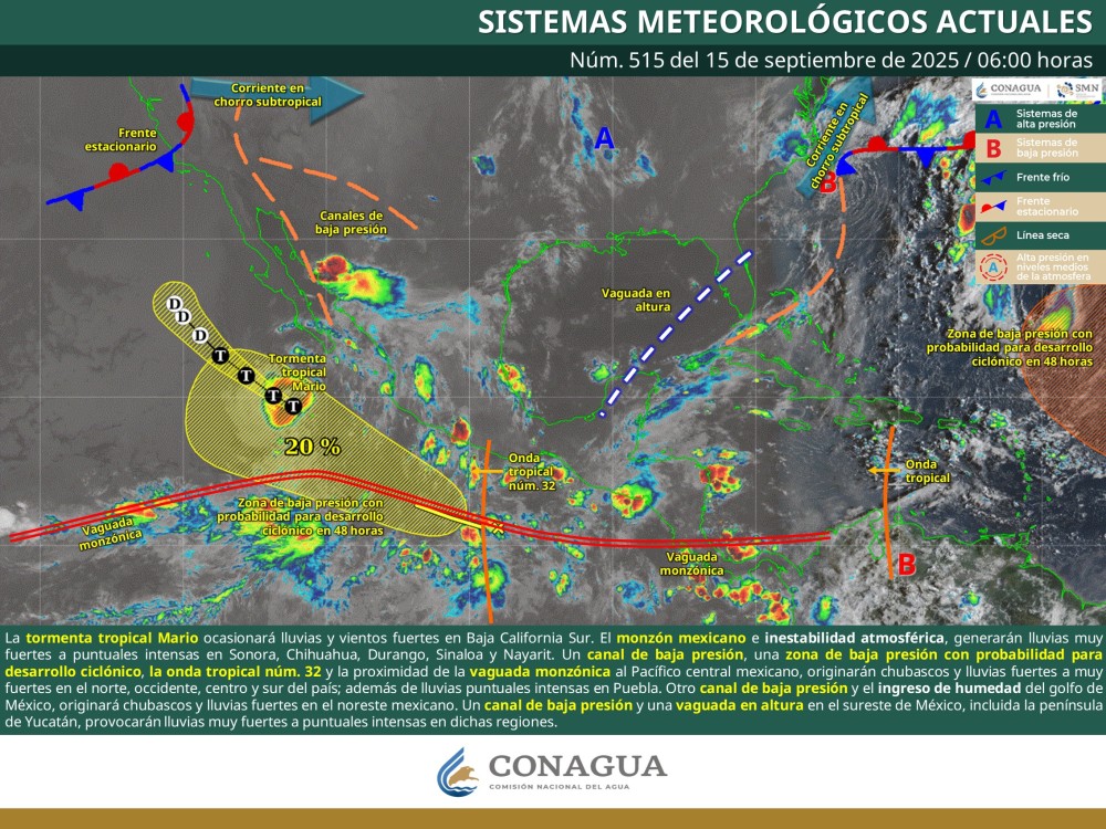 Tormenta tropical Mario y varios sistemas atmosféricos provocarán lluvias intensas en gran parte de México
