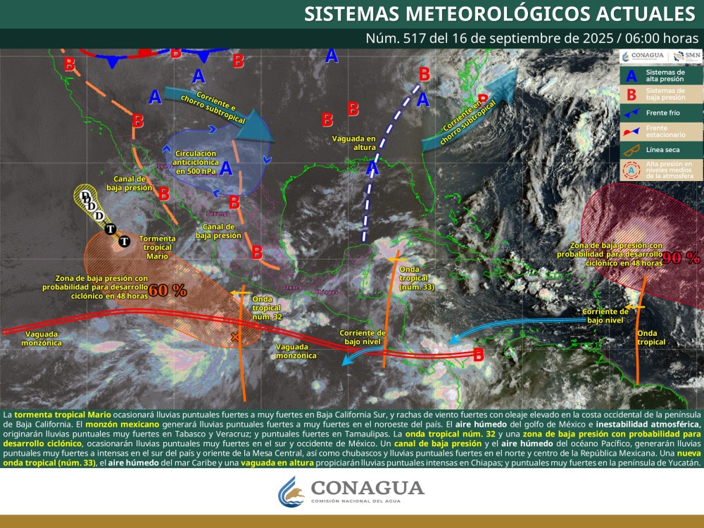 México bajo la influencia de múltiples sistemas: tormenta Mario y lluvias generalizadas en el país