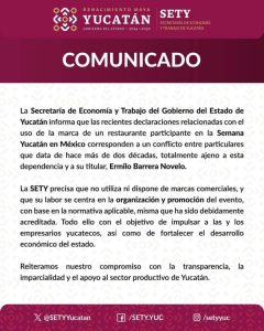 Comunicado de la Secretaria de Economía y trabajo de Yucatán