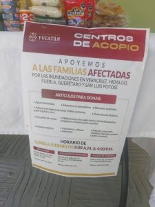 Entre los artículos más solicitados en el Cuarto centro de acopio en Yucatán se encuentran alimentos no perecederos, agua embotellada y productos de higiene personal.