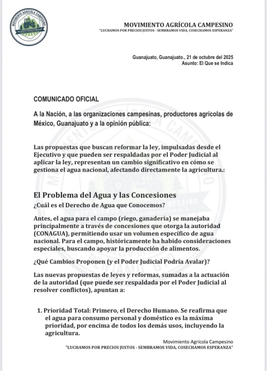 Campesinos rechazan reformas que buscan controlar uso del agua en el campo: advierten riesgos para la soberanía alimentaria