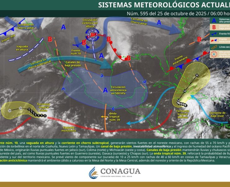 Frente frío número 10 provoca vientos intensos, lluvias fuertes y riesgo de torbellinos en el norte del país