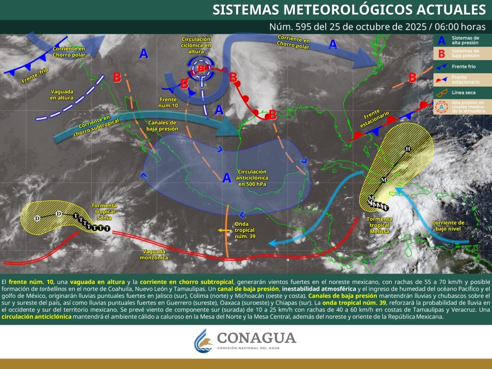 Frente frío número 10 provoca vientos intensos, lluvias fuertes y riesgo de torbellinos en el norte del país