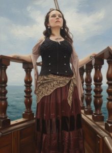 “Ishmelus y la narradora contemplan desde la proa el resplandor de Heliarian, la ciudad flotante de torres doradas, mientras la Seawitch surca los cielos.”
