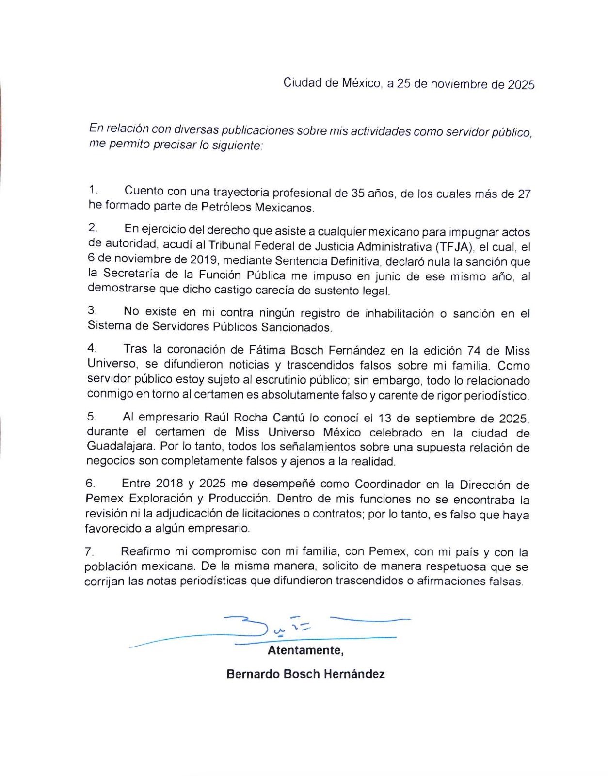 Bernardo Bosch desmiente sanciones y vínculos