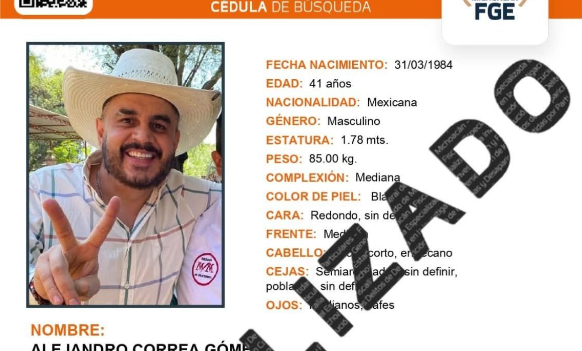 Localizan con vida al exalcalde de Zinapécuaro, Alejandro Correa Gómez