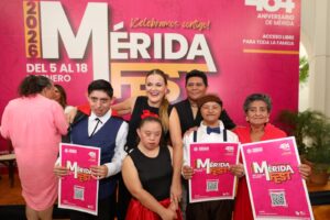 Artistas y autoridades reunidos durante la presentación del Mérida Fest 2026, una celebración cultural que promete actividades para todas las familias meridanas.