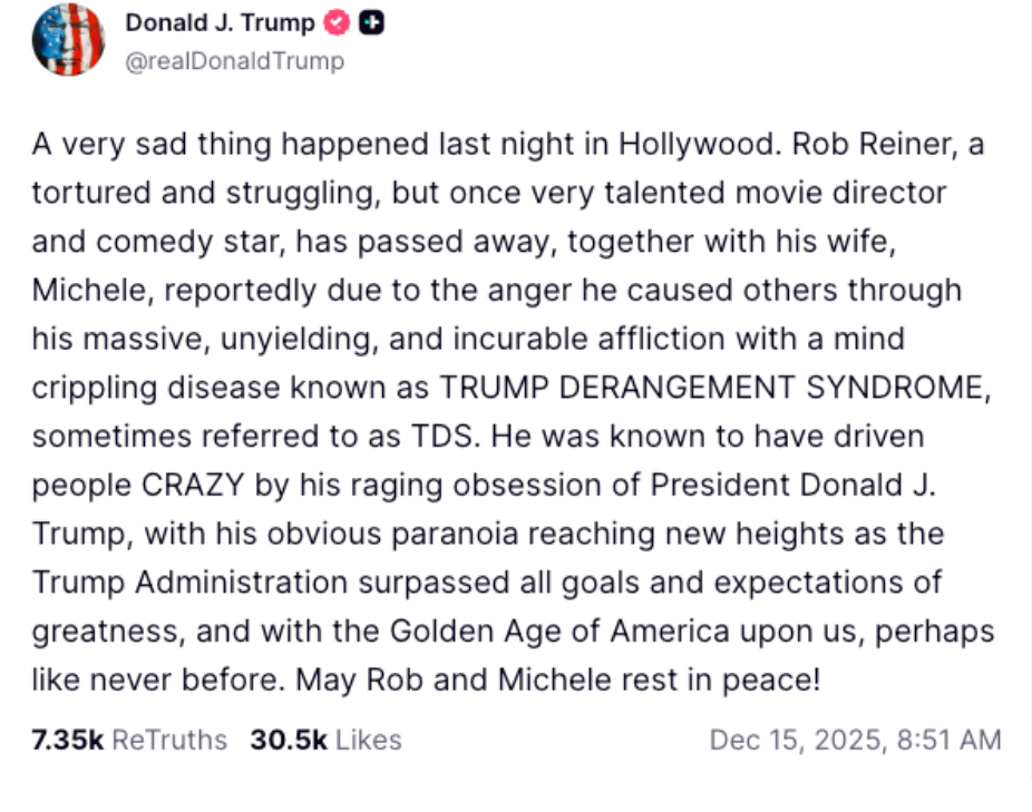 Contexto del mensaje presidencial: Trump se burla de Rob Reiner y su esposa