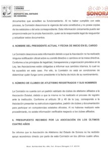 Documento de la CODESON en la que se explica que René Valdez del Pardo no es reconocido como presidente de la Asociación de Atletismo de Sonora.
