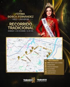 El carro alegórico de Miss Universe recorrerá las principales avenidas de Villahermosa bajo estrictas medidas de Seguridad durante recorrido de la Miss Universe para tranquilidad de las familias.