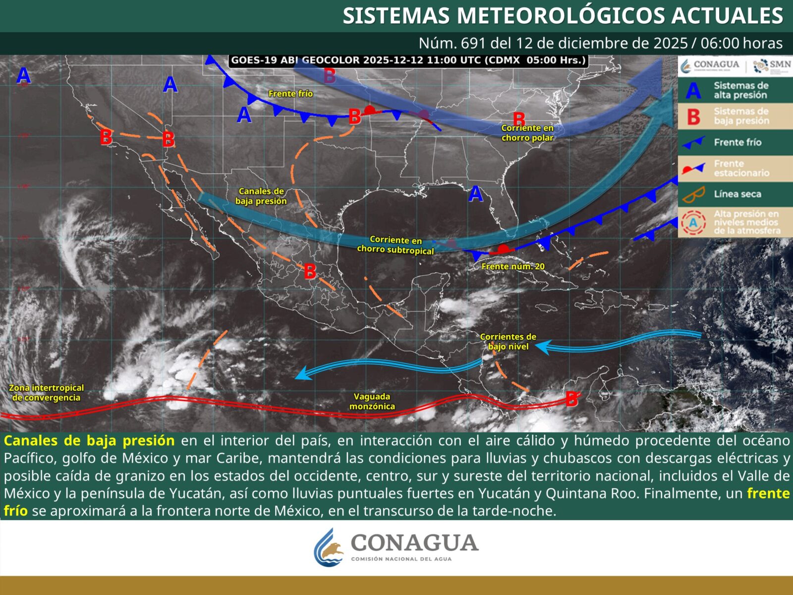 Nuevo sistema frontal y canales de baja presión activan un ambiente inestable en gran parte del país
