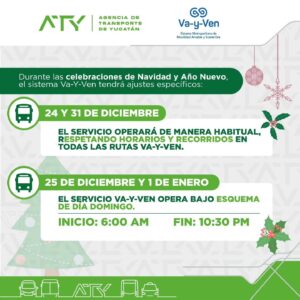 Durante los días 24 y 31 de diciembre, las rutas del Sistema Va y Ven mantendrán su operación habitual