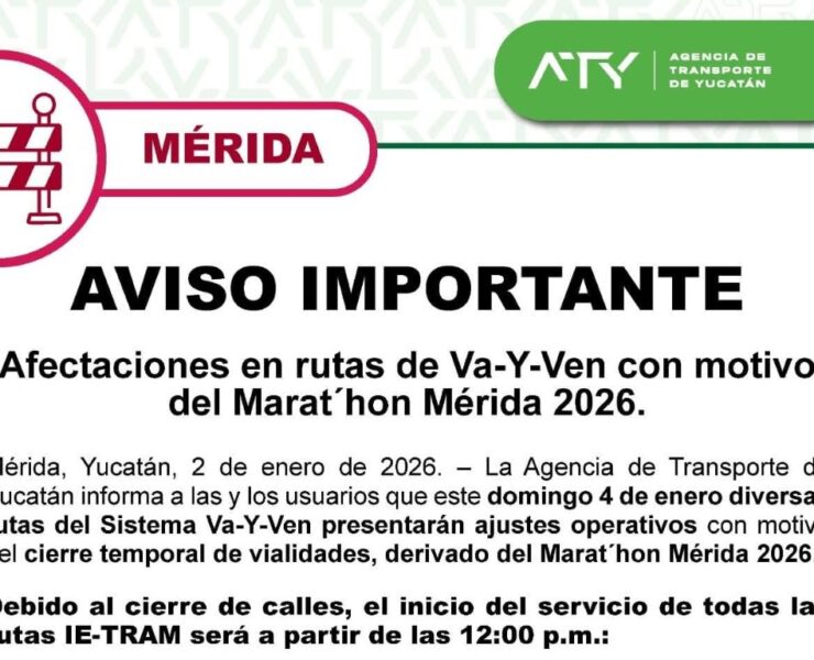 ATY informa de los ajustes operativos del Va y Ven derivado del Marat´hon Mérida 2026