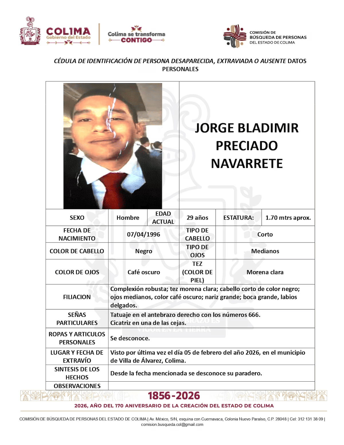 Ficha de búsqueda de hijo de Jorge Luis Preciado
