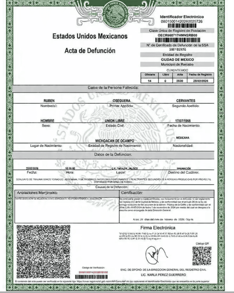 El documento oficial y la causa de muerte