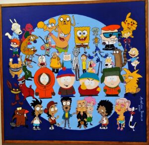 un colorido collage donde retrata a diversos personajes de caricaturas famosos