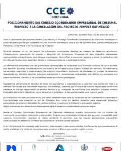 Mediante un comunicado oficial, empresarios del sur de Quintana Roo lamentaron la Cancelación del proyecto “Perfect Day México” y advirtieron posibles afectaciones económicas para Mahahual y Costa Maya.