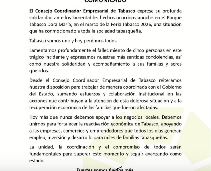 CCE Tabasco llama a la unidad y solidaridad tras tragedia en la Feria Tabasco 2026