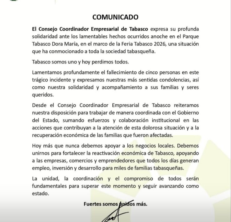 CCE Tabasco llama a la unidad y solidaridad tras tragedia en la Feria Tabasco 2026