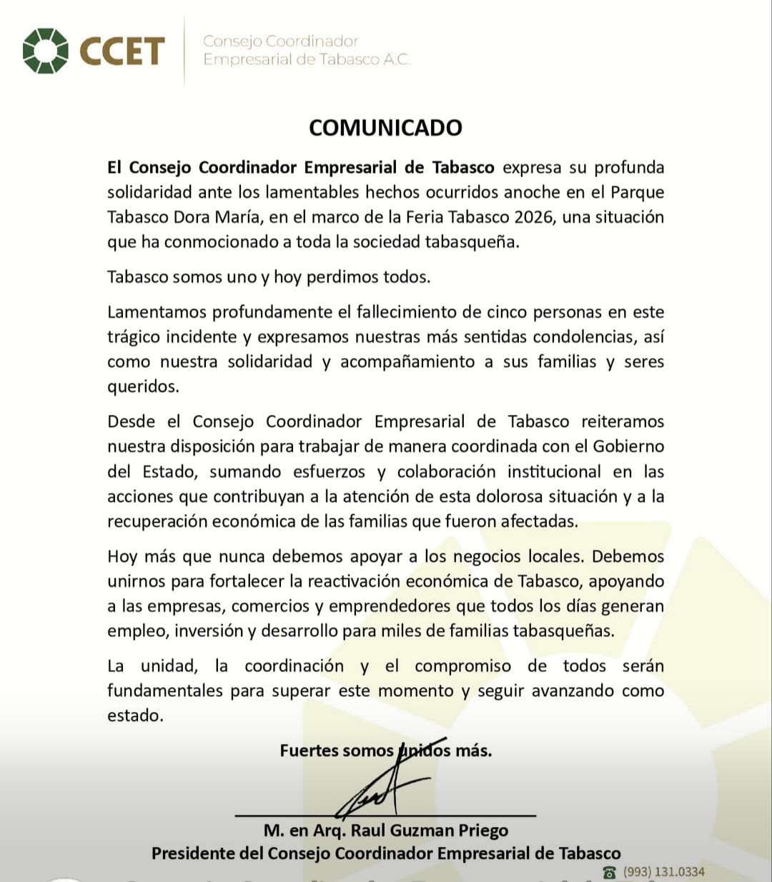 CCE Tabasco llama a la unidad y solidaridad tras tragedia en la Feria Tabasco 2026