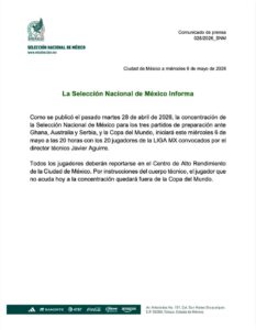 El comunicado de la Federación Mexicana de Futbol confirmó el inicio oficial de la Concentración de la Selección Mexicana rumbo al Mundial 2026.