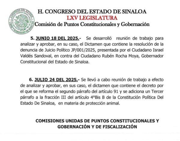 demanda para promover el juicio político en contra de Rocha Moya