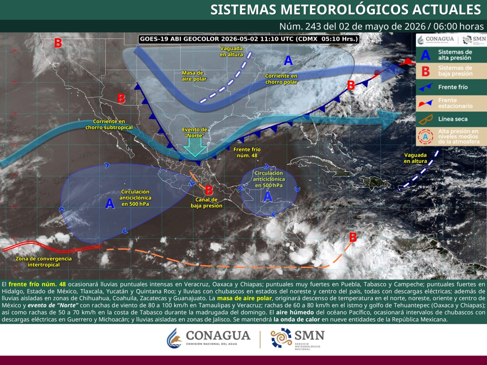 Frente frío 48 irrumpe con lluvias extremas y vientos peligrosos mientras persiste la onda de calor en gran parte del país