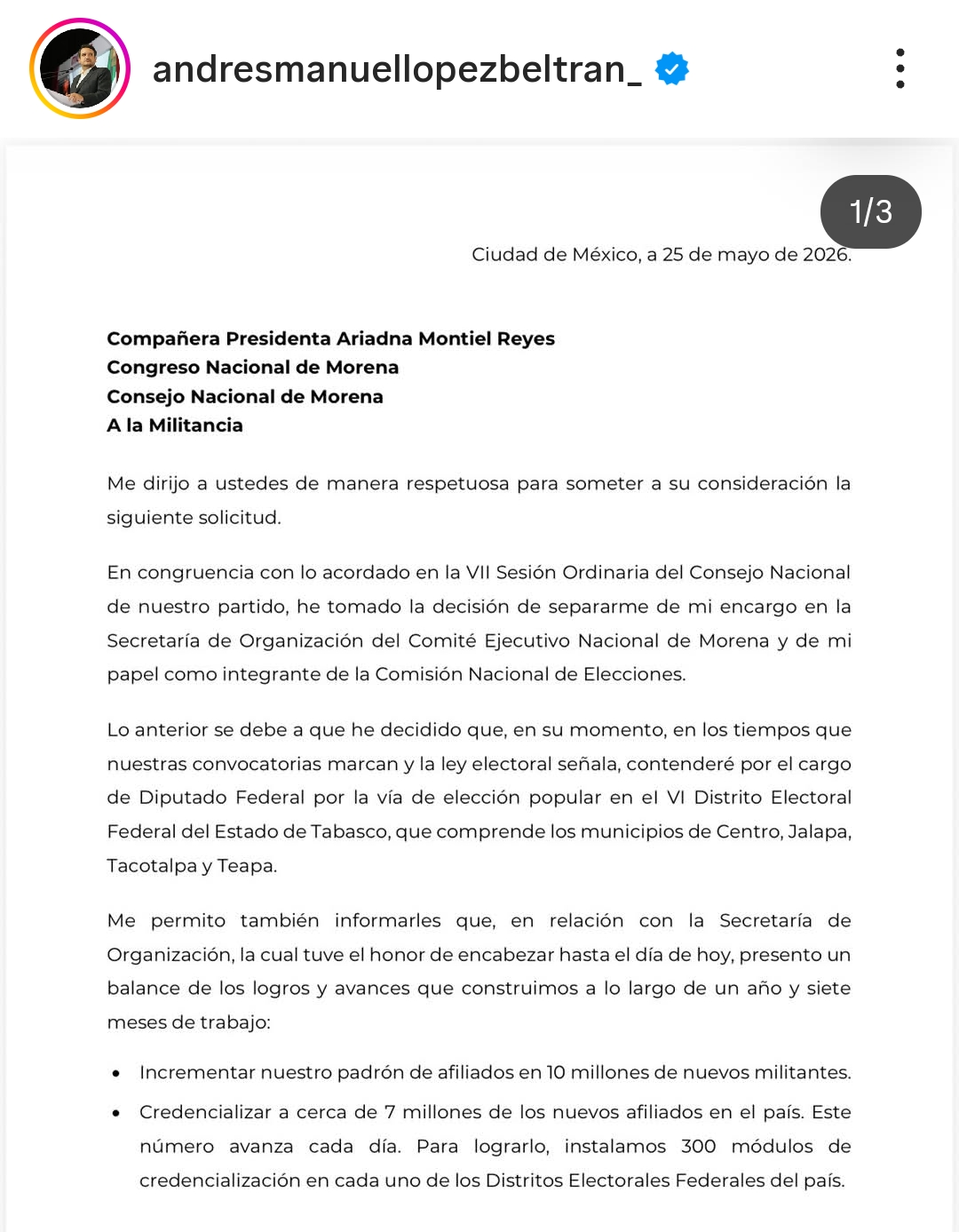 López Beltrán renunció al cargo
