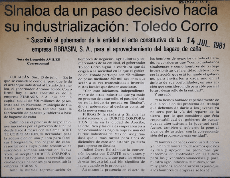 Nota de prensa en medios de Sinaloa sobre FibraSin en 1981.