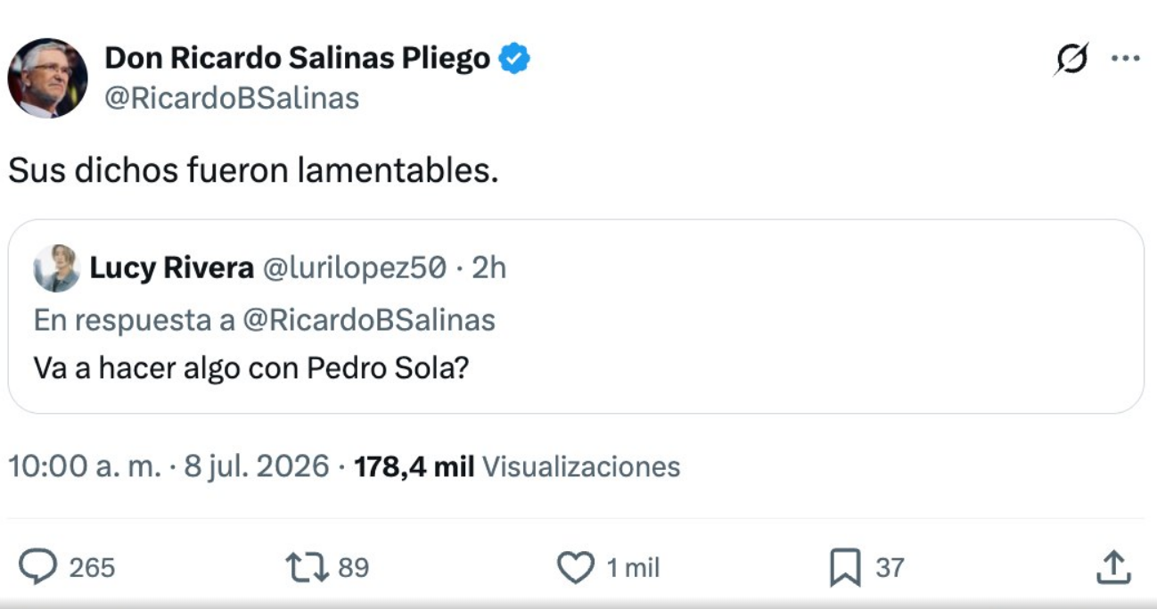 Salinas Pliego reacciona a las declaraciones de Pedro Sola y responde a la polémica