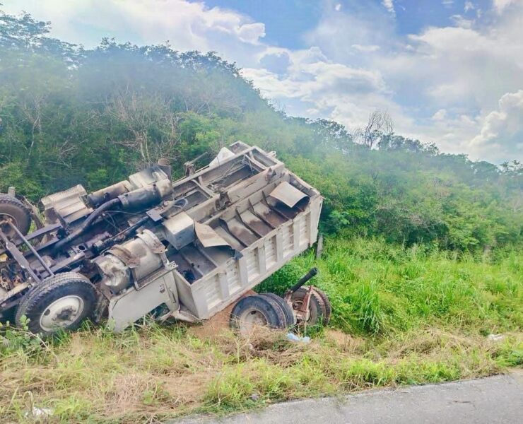 Camión de volteo sale de carretera y termina volcado entre maleza