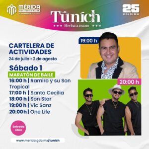 El sábado 1 de agosto, el Cierre de la Feria Tunich 2026 contará con las presentaciones de Ramiro y su Son Tropical, Santa Cecilia, Son Star, Vic Sanz y One Life para cerrar la jornada con música y alegría.