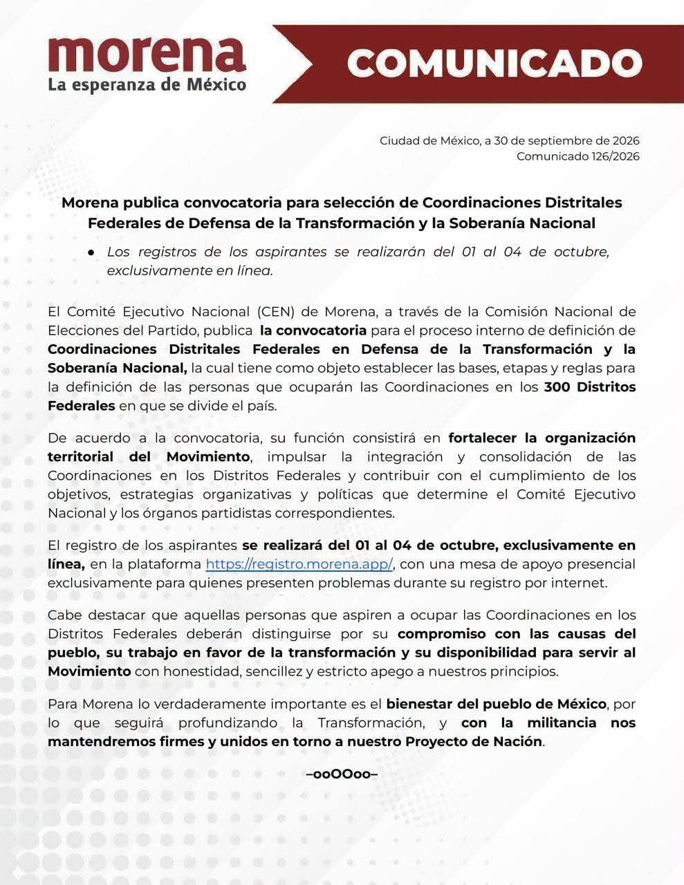 Registro será del 1 al 4 de octubre