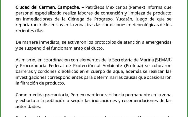 Atiende Pemex pérdida de contención en ducto en la Ciénega de Progreso, Yucatán