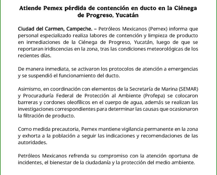 Atiende Pemex pérdida de contención en ducto en la Ciénega de Progreso, Yucatán