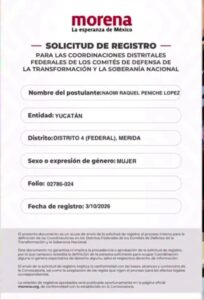 Naomi Peniche durante su registro en el proceso interno de Morena para coordinar el Distrito 4 Federal por Mérida.