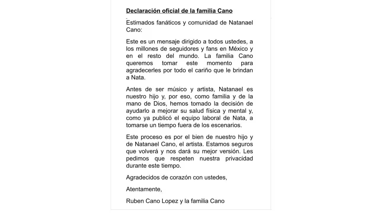 El comunicado de la familia Cano sobre su salud